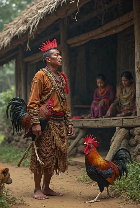 the rooster crowed, making the other suitor running scared because the grounds are shaking. the house is traditional igorot house. the only left were a man wearing igorot clothes with his rooseter and dog. inside the house were a girl and her parents weari...