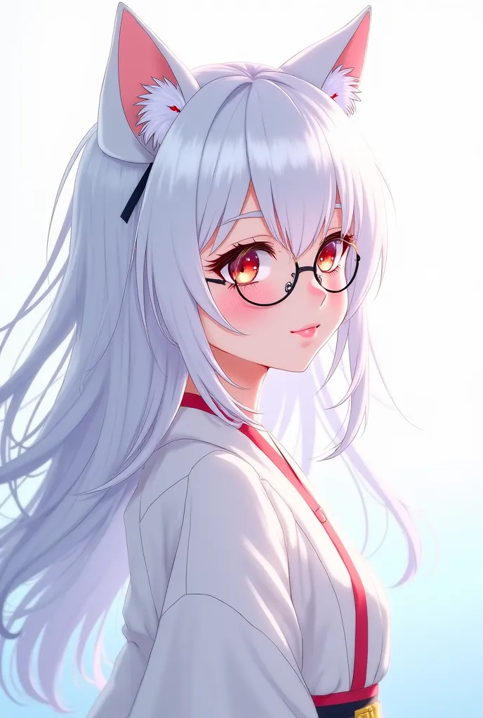  an anime girl , wearing an open white kimono on one side of the left breast, has white cat ears,  long white hair, wearing round glasses.