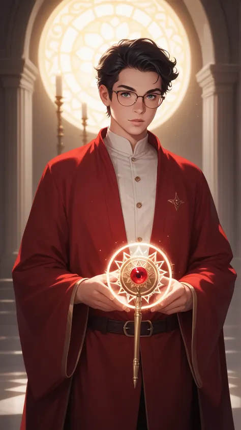  male、Glasses、 black hair、I'm wearing a red wizard robe、 holding a wizard's wand 、Moe Efu 、Full body painting、is facing the front