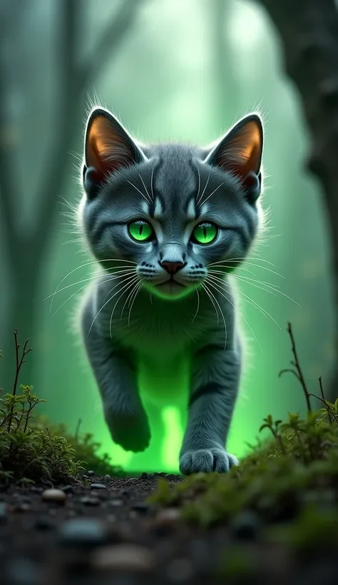 The giant gray kitten stumbles through a dark forest, his glowing eyes filled with confusion and inner turmoil. His fur is wild, and his body radiates intense green energy. As he roars, trees are uprooted and the ground shakes beneath him, but he is trying...