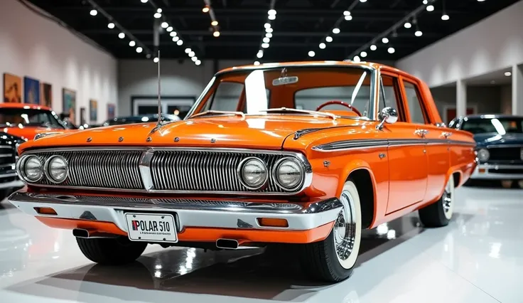 Front of painted orange with shiny color 1964 Dodge Polara 500 in sleek in large shape sedan in large size with Dodge logo on its large detailed grille in shiny white color with angular sporty design captured front with modified sleeklights & with a 'Dodge...