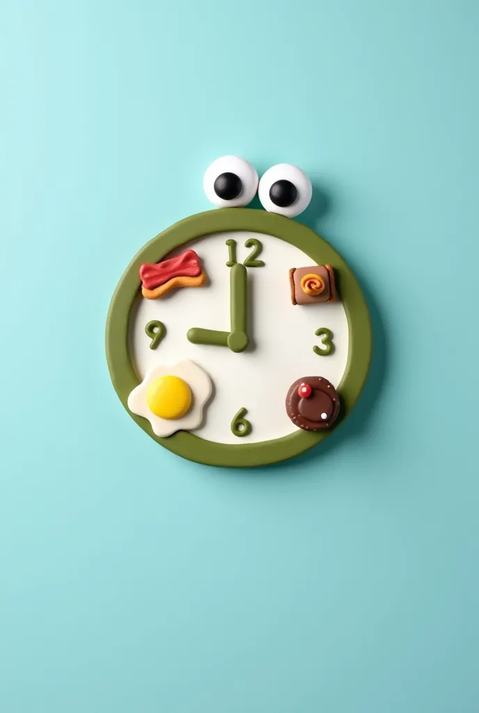 Pastel blue background wall. In the center of the image is a dark olive green wall clock made of clay, with a white face. On top of the upper rim of the clock are large clay googly eyes. At the 12 o’clock position on the clock, there are clay bacon and egg...