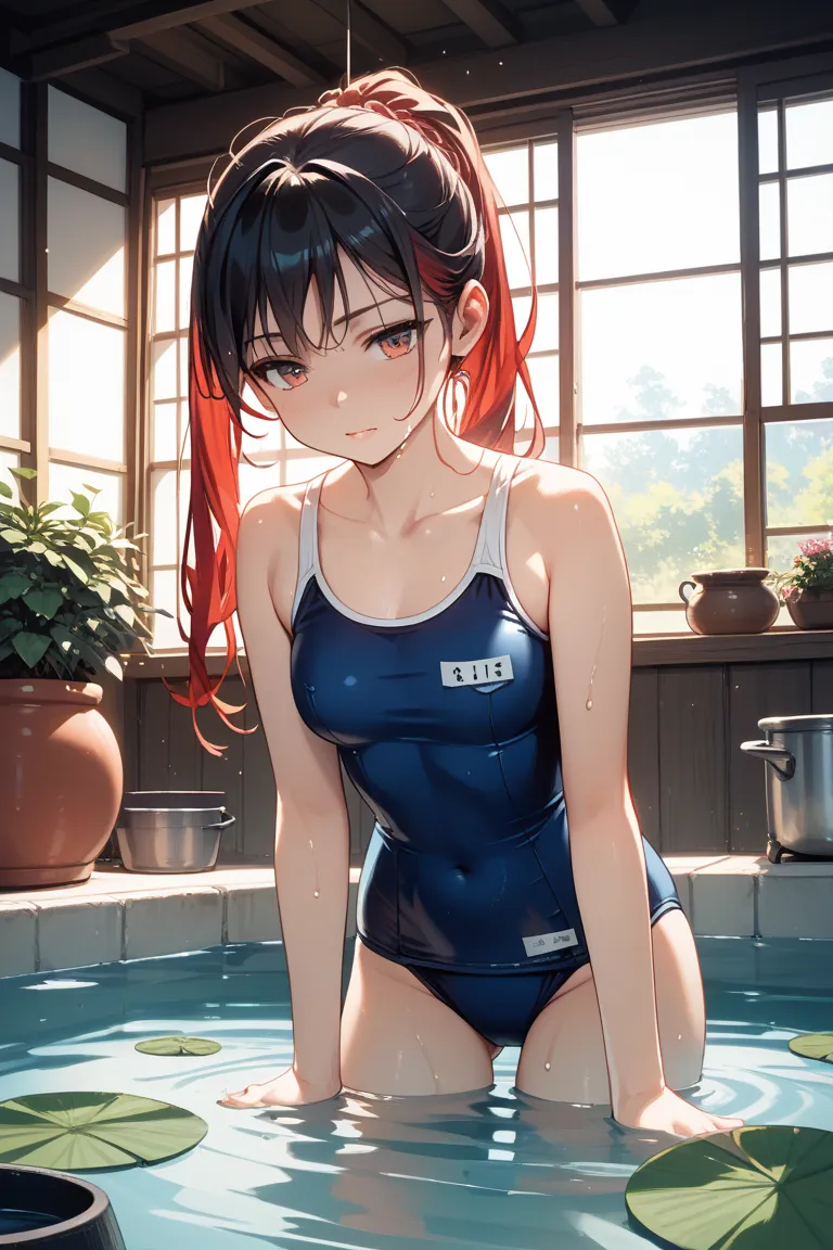 Human being put in a large pot and being stewed, ahhe face, hot struggle, reddened skin, school swimsuit, Hino Rei, black hair, long hair, Japanese style beauty