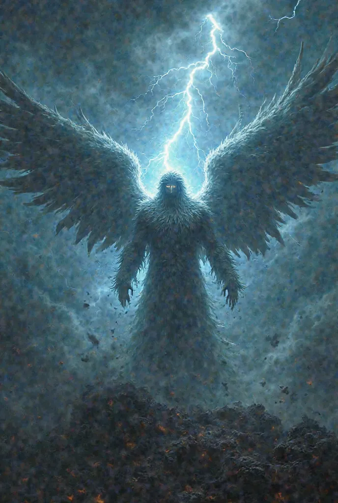 "An angel with wings made of storms, his body surrounded by lightning and violent winds. His face is indistinct, with glowing and frightening eyes. He is at the center of a giant tornado, destroying everything around him. The sky is dark, with lightning cr...