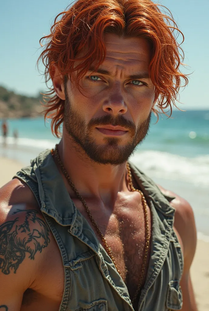 A man on the beach with a wolf tattoo. He has red hair with blue eyes. C’est cheveux lui arrive au oreille 