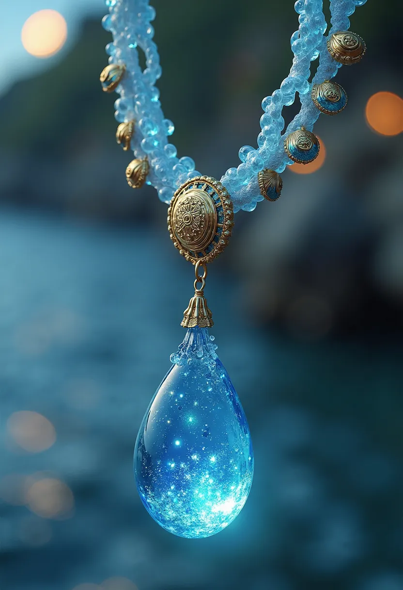 "A divine necklace crafted from solidified water, its delicate cord shimmering with a translucent, wave-like texture. Small golden seashells are embedded along the chain, each inscribed with ancient, mystical symbols that whisper secrets of the ocean. At t...