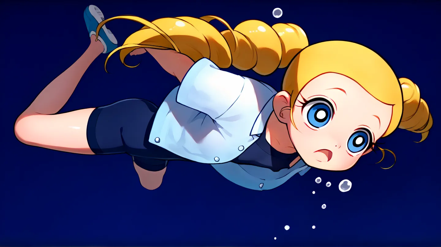 score_9, score_8_up, score_7_up,  1girl, source_anime,  ( girl) yellow hair, blue eyes, ponytails, very long hair, flat chest, Powerpuff girls style, navy blue bike short, very tight cropped t-shirt, (( Diving underwater  )) swimming, unconscious state, as...