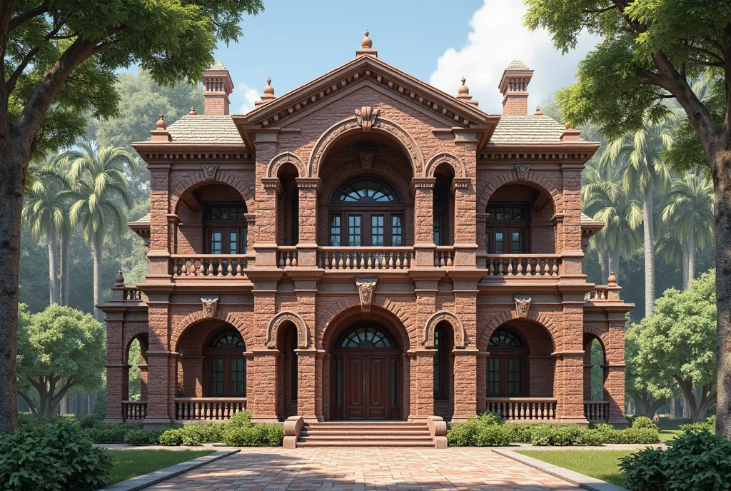 Three-story building with arched brick corridor in colonialism architecture style