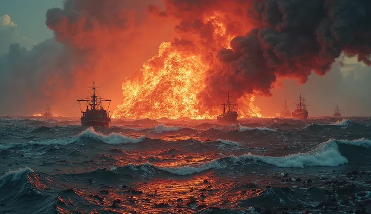 An ocean in chaos after the impact of a huge mountain of fire. the water, now dyed red, is full of dead fish floating on the surface, representing the death of a third of marine beings. On the horizon, wrecked ships sink among raging waves, signaling the c...