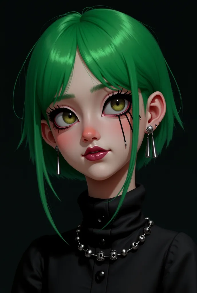 Selfie 2D girl, with green hair ,with piercings on her ears,in black gothic clothes,dark make-up