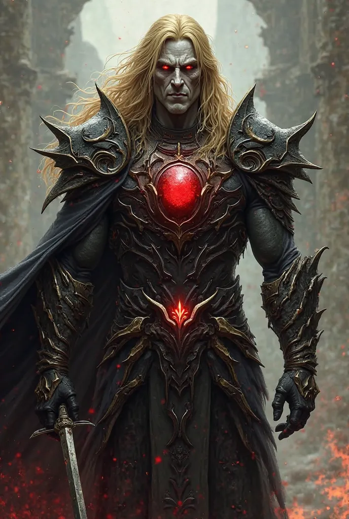 Physical Features:

Hair: Long, between golden yellow and pale white.

Eyes: Jet black, with red glowing energy waves.

Skin: Pale gray, like death itself.

Face: Hard, sculpted jawline. Deep scars from past battles on his face.

Body: Large and muscular, ...