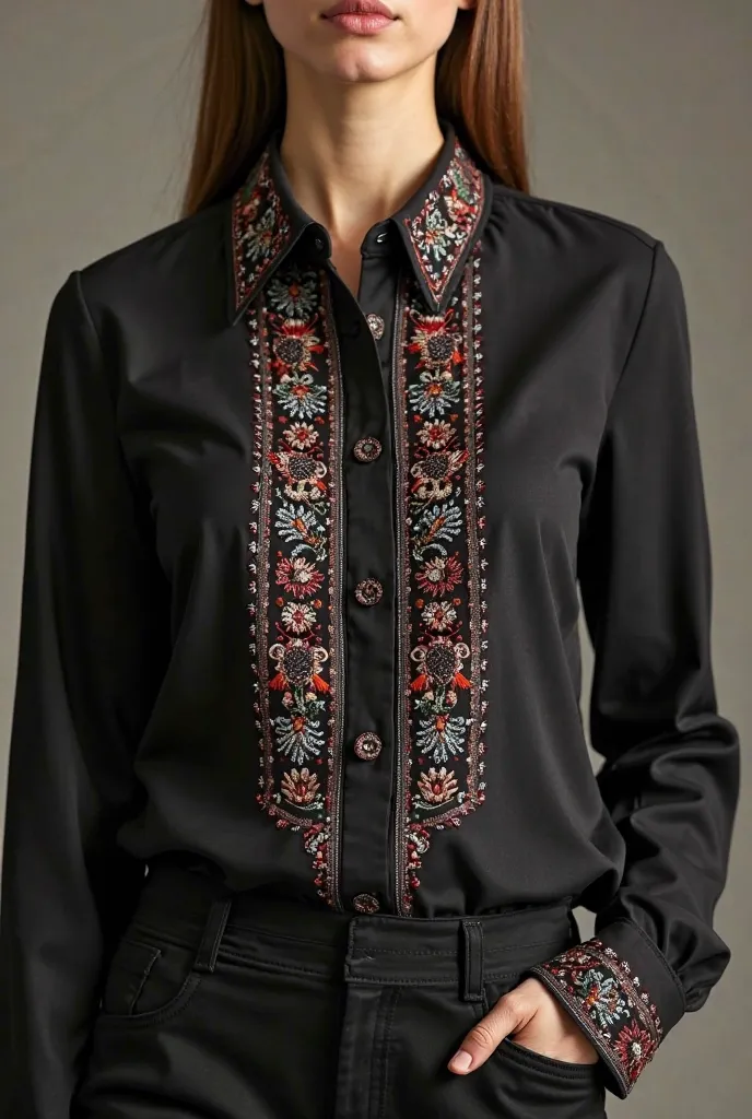 Create a formal black shirt for women which is handmade embroidery with afghan cultural style. The shirt design and embroidery should be formal and dressed