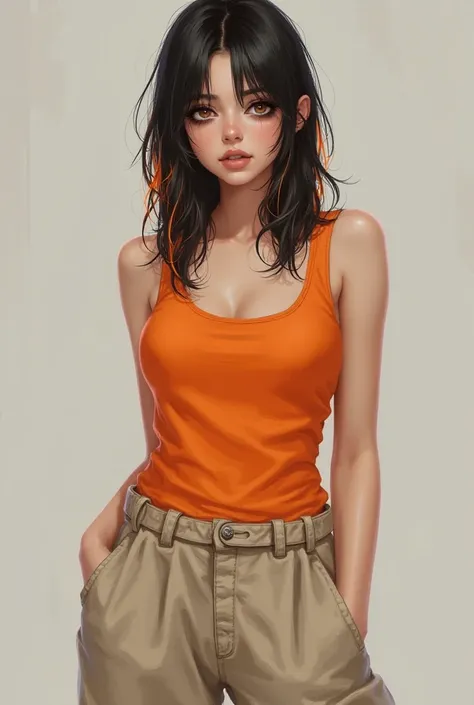 She must be a realistic woman with white skin and brown eyes, must have straight shoulder length hair, black and orange with orange reflections in her hair, and wear an orange tank top and loose light beige cargo pants and black eye makeup. 