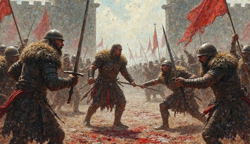 Leif and his Viking men stormed the gates, clashing with Hrothgar’s warriors in a brutal melee. Steel rang against steel, shields splintered, and blood soaked the earth.