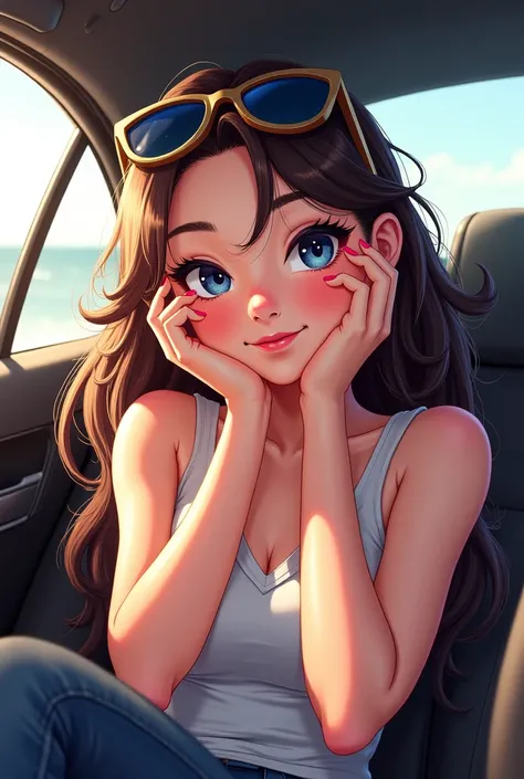 Drawing of a cheeky girl with shades on her head and long beautiful hairs sitting in a car with her fingers on her cheeks 