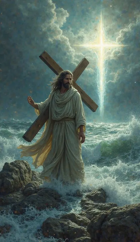 Jesus in a storm, With a cross on the back, a light in the shape of a cross in the sky 