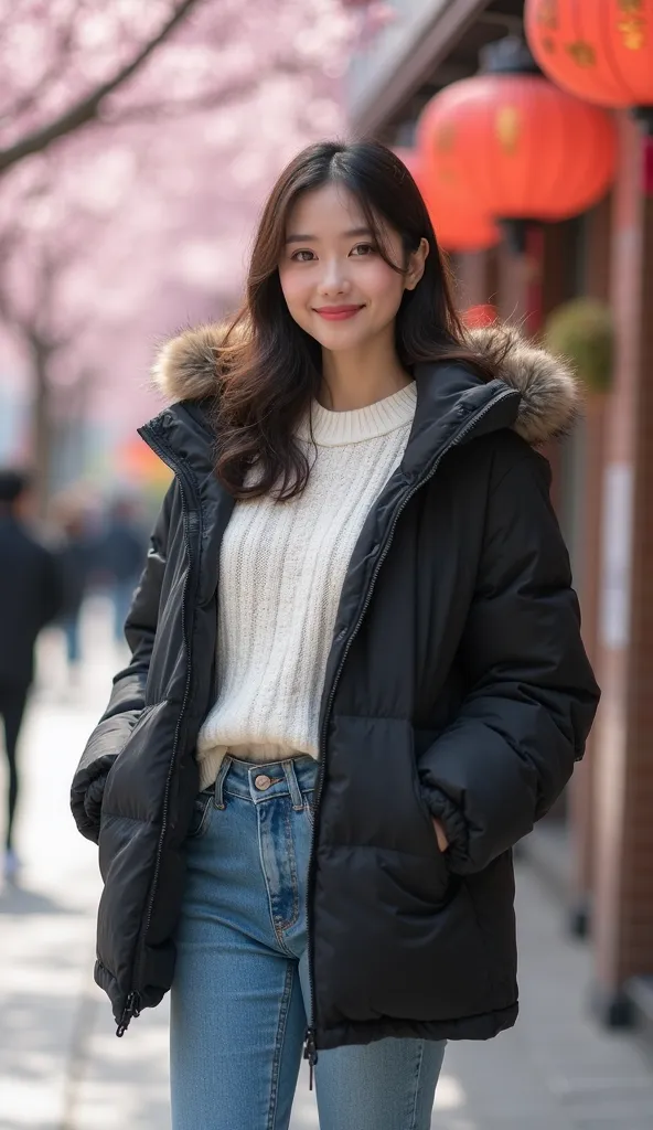 ( of the highest quality、desktop、 8,000、best image quality、 Award-winning works )、evening， small riverside：0.8、(Blurred background of commercial street milk tea shop:1.1)，Under the cherry blossom trees，a beautiful lady、Oversized black down jacket、 blue den...