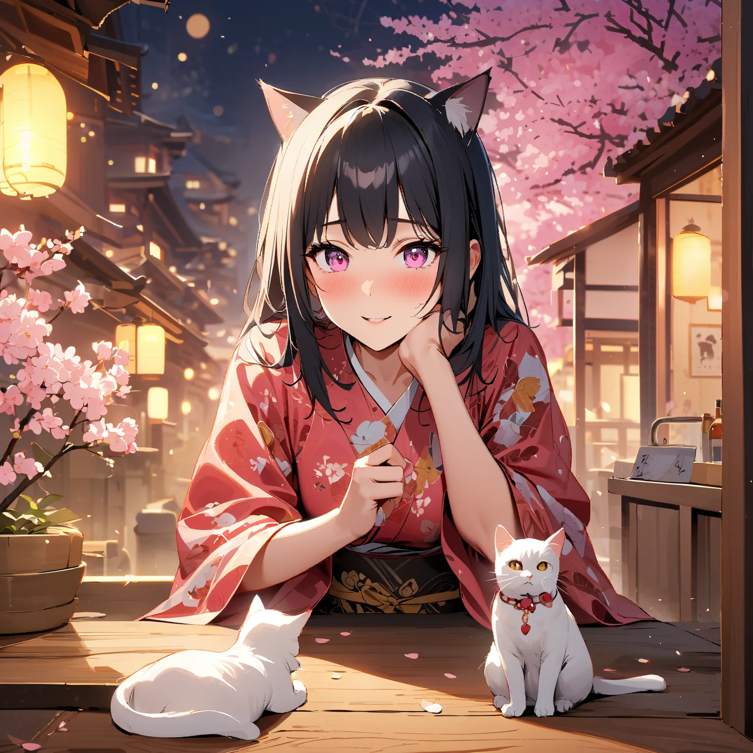 1 drunk girl, black hair straight、A kimono with a light blue and yellow addition、White cat ears、Pink eyes、Cherry blossoms are blooming at night、 Fireflies are dancing 、 straight、Play with the lucky white snake、Hi-Res, masterpiece, accurate, 