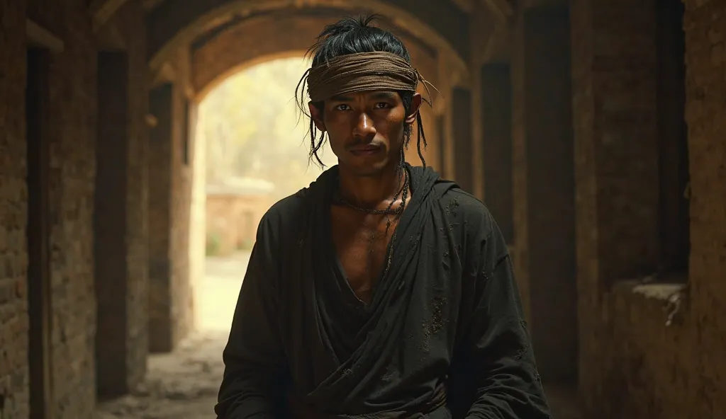 (photorealism:1.2), closeup. A Javanese man, a young warrior, 20 years old, thin face, wearing a long black robe that is worn out, a shabby headband. In a narrow room with a dusty floor, sunlight enters through the gap in the roof. Gold and black color ton...