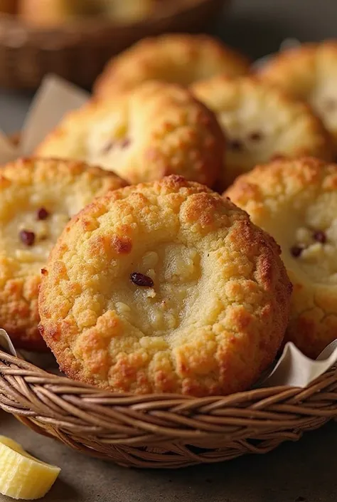 Golden cookies with banana pieces, served in a wicker basket.

