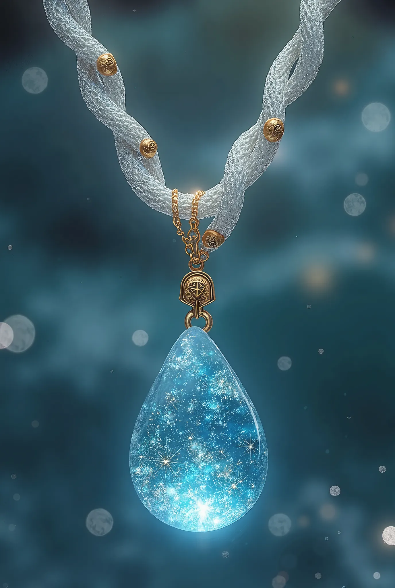 "A divine necklace crafted from solidified water, its delicate cord shimmering with a translucent, wave-like texture. Small golden seashells are embedded along the chain, each inscribed with ancient, mystical symbols that whisper secrets of the ocean. At t...