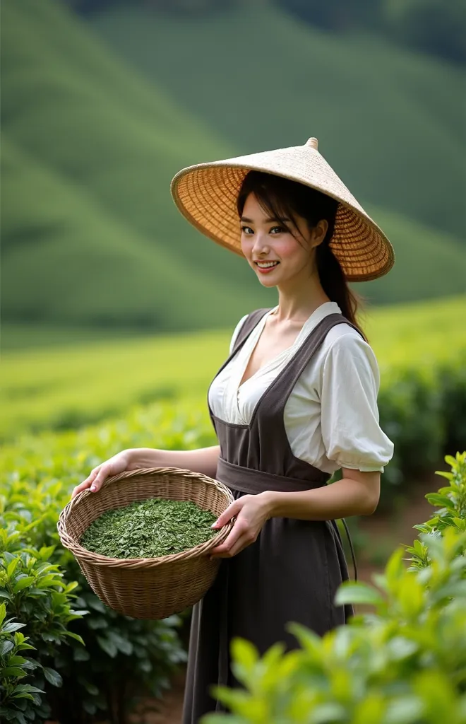 A transcendental beauty worker picking tea at a tea plantation in Shizuoka、Holding a large basket filled with tea leaves with both hands、、An accurate drawing of very small Japanese tea leaves、is wearing a straw hat and a worker's costume、Slender Curvy、Big ...