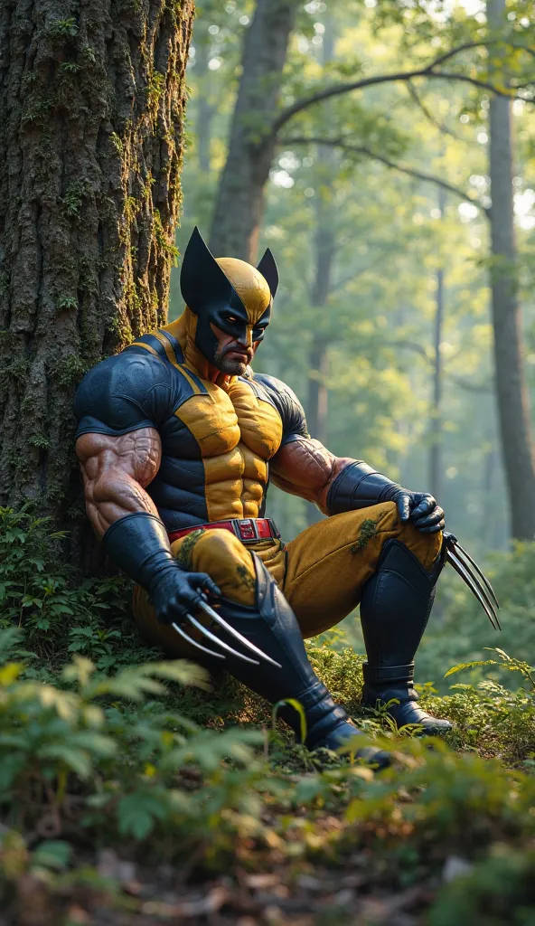 wolverine lying against a tree, with his uniform on, in the background a forest