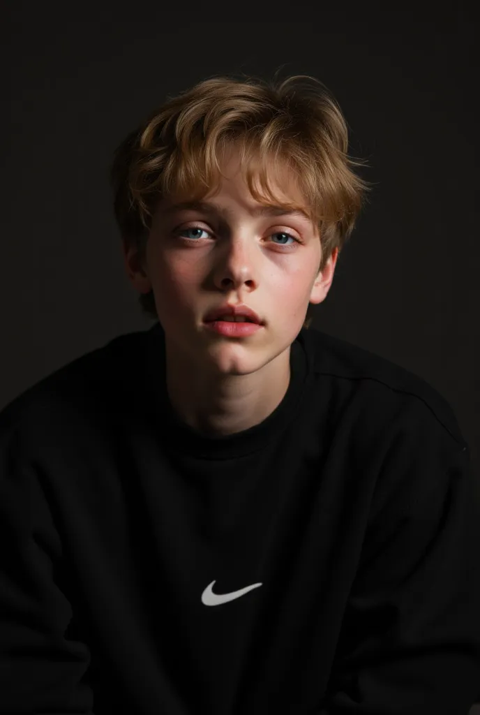 Realism photography,  taken with Canon EOS R5 , establishes a strong contrast on the subject, 24-year-old blond boy color honey green eyes, Posing for Instagram photography, Nike black sweatshirt clothing,  rapper style , using features of the original ima...