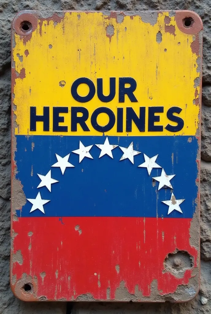  Sign that says: "OUR HEROINES", In letters like Timothy, With the colors of the Venezuelan flag, that is to say; yellow,  blue and red , with 8 white stars in the shape of an arc, placed in the color blue,