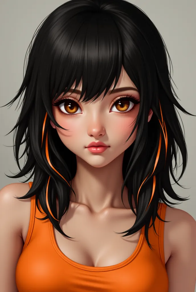 She must be a realistic woman with white skin and brown eyes, must have straight shoulder length hair, black and orange with orange reflections in her hair, and wear an orange tank top and black eye makeup.