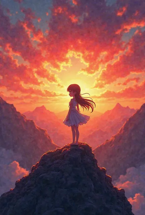 A girl standing on the mountain, background red yellow orange sunset, colorful, anime 