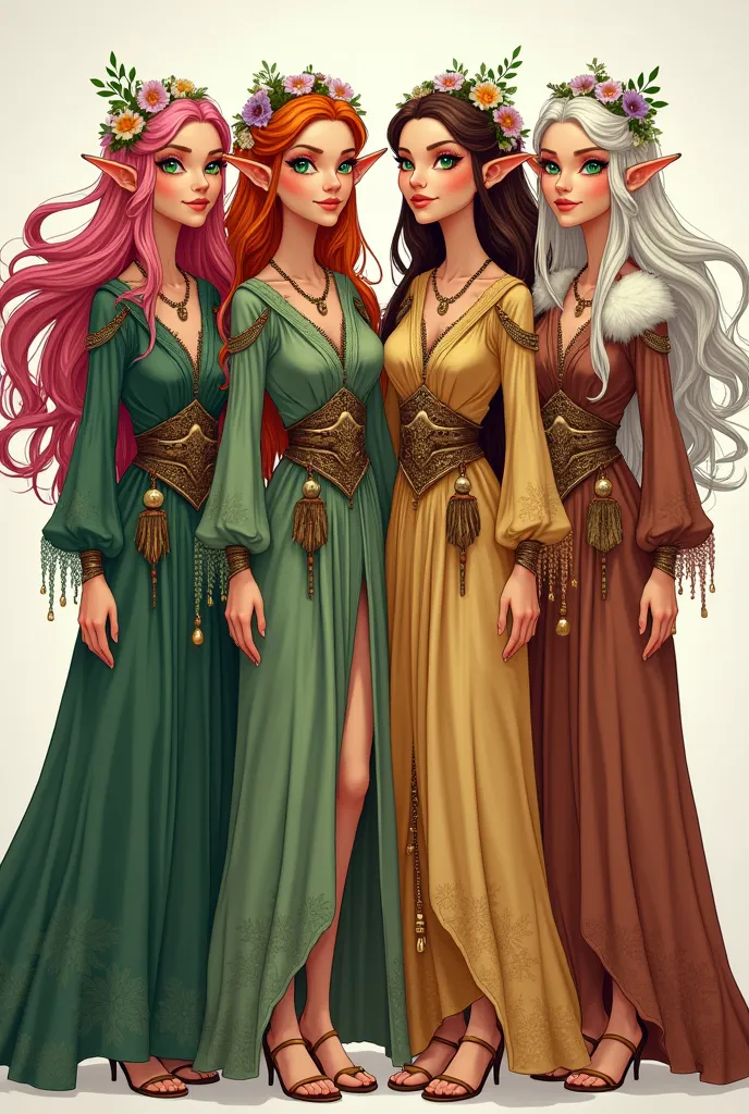 A highly detailed, full-body fantasy illustration in a cartoon style of four identical twin sisters, all eladrin druids, each embodying a different season. They share the same ethereal facial features, pointed ears, and slender physique, but their hair, ey...