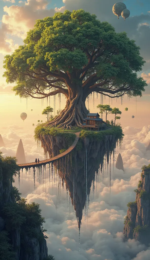 A highly detailed and photorealistic surreal artwork featuring a massive ancient tree floating in the sky, with its roots hanging downward like vines. Instead of growing in the ground, its branches stretch toward the heavens, forming a lush canopy filled w...