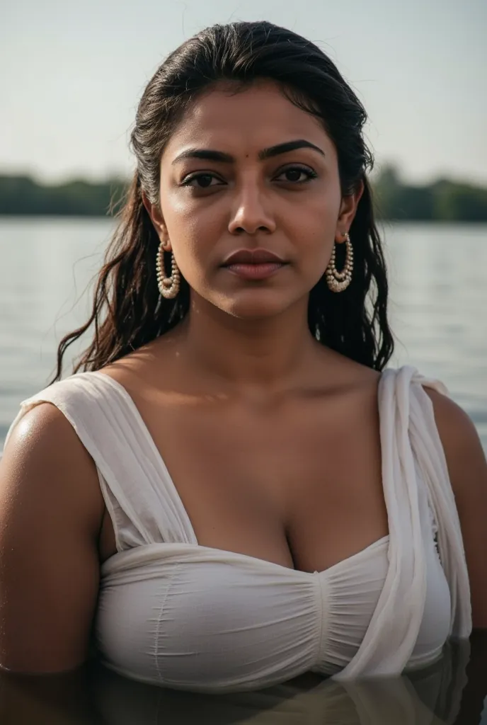 Nude Busty indian girl  bathing in lake, saggy big boobs, nipples, white sheet scarf on shoulder, highly detailed texture, detailed intricate pattern print, sunlight on hair ,High Resolution, Award Winning, High Details, Large breasts, Depth Of Field, Chro...