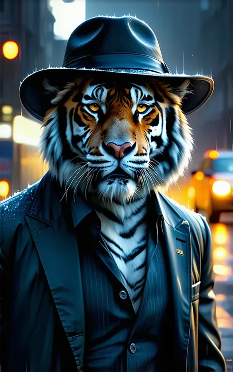 A very powerful, dominant tiger, very, strong, fresh, strong with majestic muscles, wearing a jacket hat behind an advanced  in a sophisticat The city of Panama at nighted bright city at night fix errors