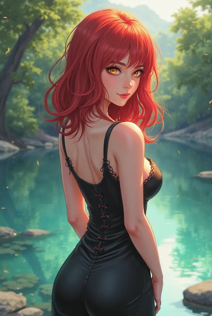 an adult woman with red hair and orange eyes, She has large breasts and wears a well-cut dress, she is standing with her back to a lake,  Create in anime style