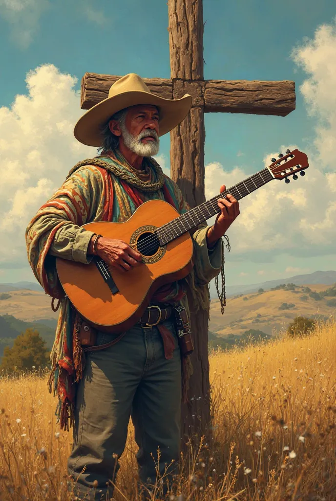 Gaúcho playing guitar in front of a missionary cross 
