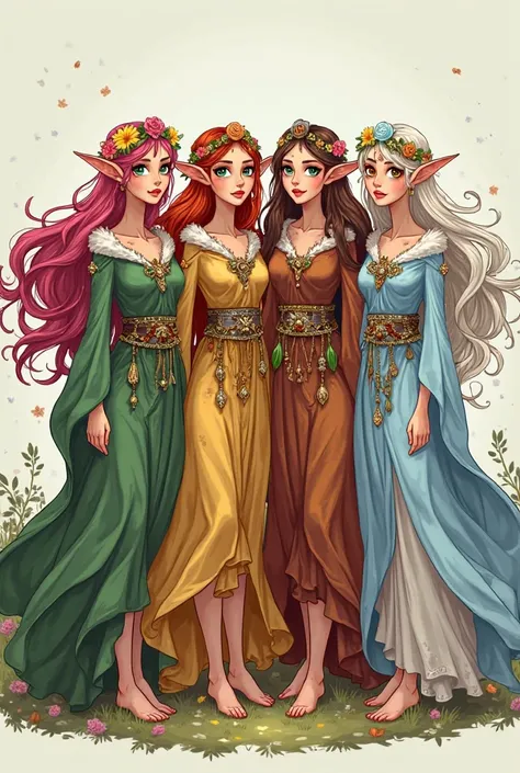 A highly detailed, full-body fantasy illustration in a cartoon style of four identical twin sisters, all eladrin druids, each embodying a different season. They share the same ethereal facial features, pointed ears, and slender physique, but their hair, ey...