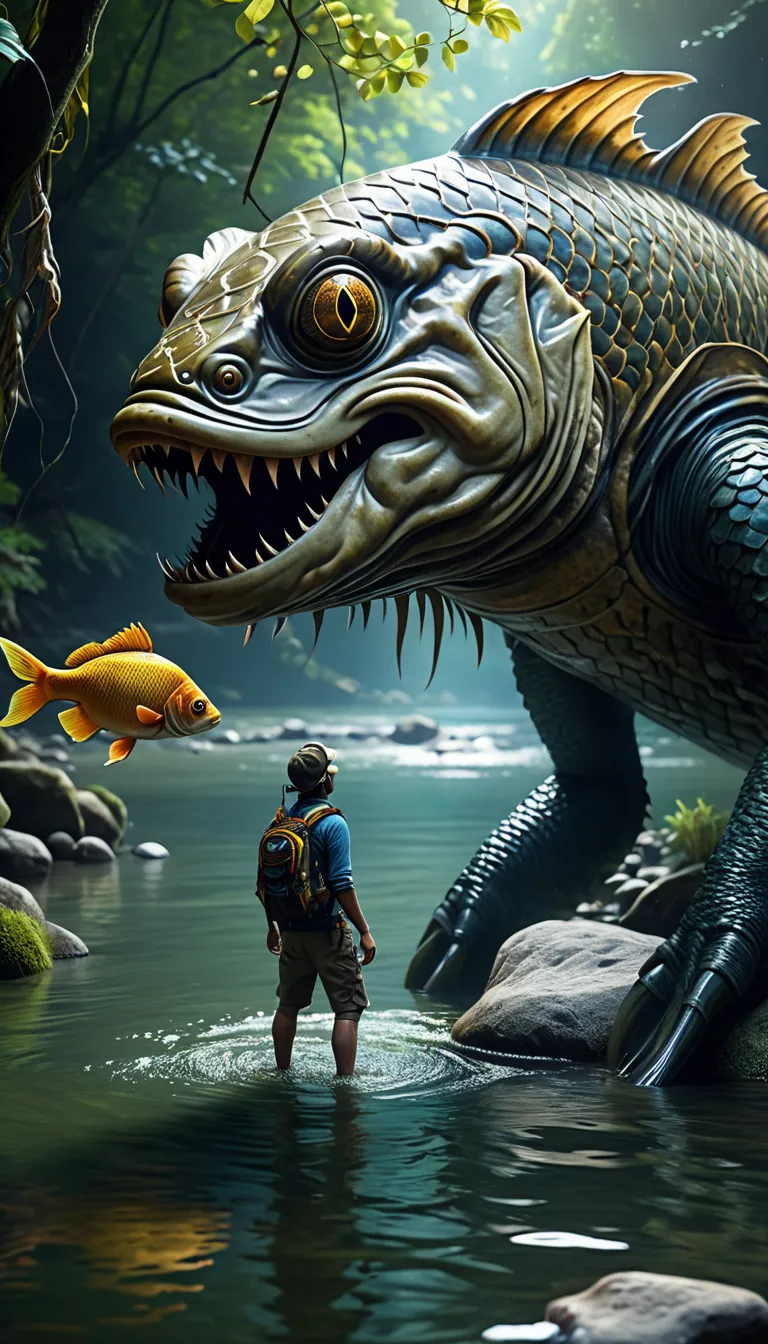 There is a monster with a human face and a fish body in the river，Mysterious Creatures, (best quality，4K，8K，High level，masterpiece：1.2），Ultra Detailed，（lifelike，Photo real，Photo real：1.37），Highly detailed animals，Complex patterns，Realistic lighting，Fantasy...