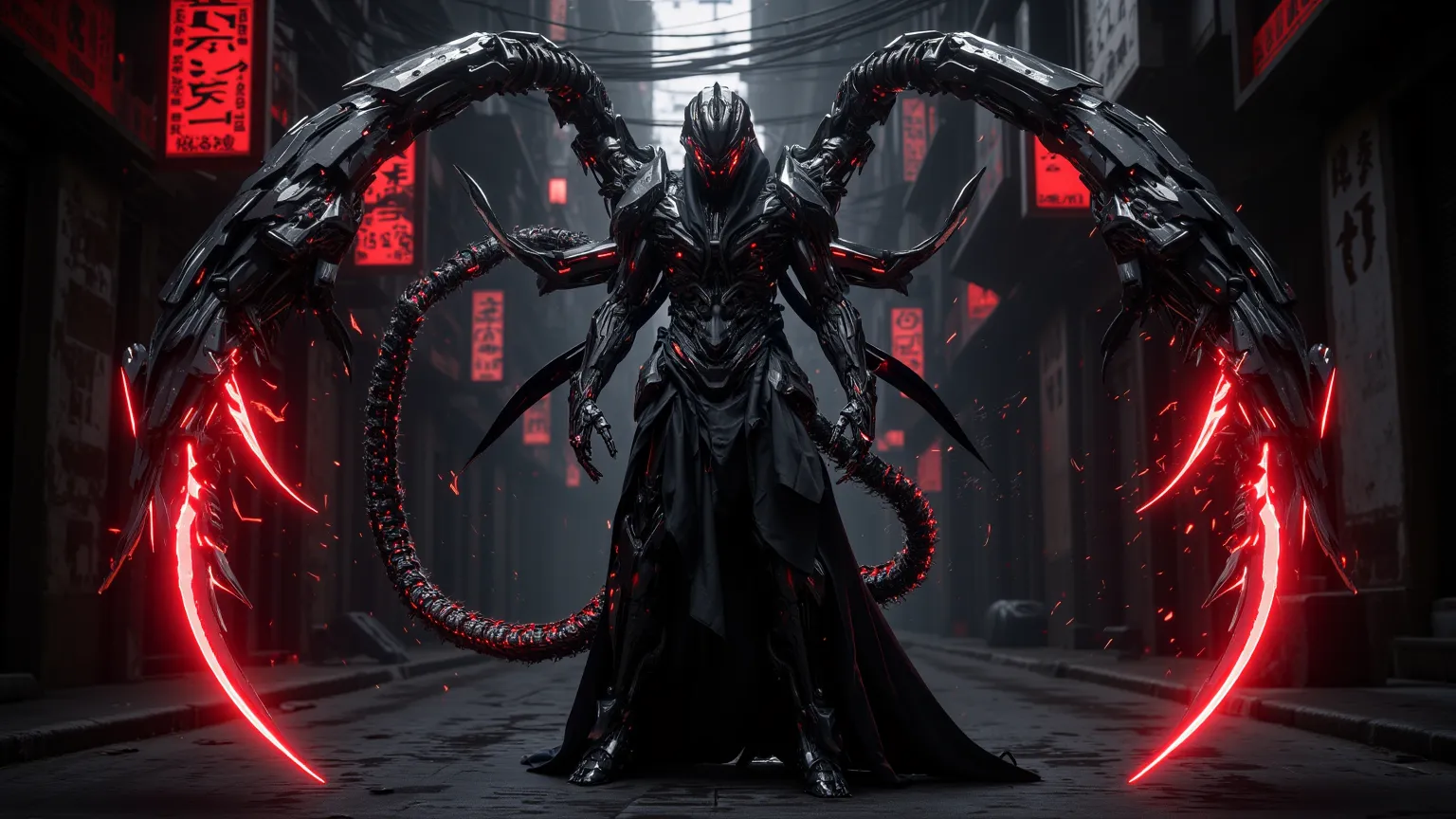 Ultra-realistic, cinematic 4K, full-body view from head to toe of a cyberpunk warrior embodying Scorpio, a mysterious figure cloaked in black nano-fiber armor, adorned with glowing red scorpion emblems. His cybernetic tail-like appendage coils with electri...