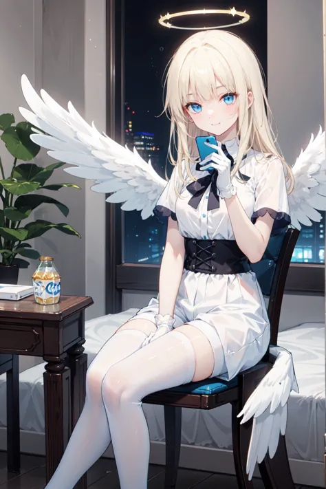  Very Detailed ,    masterpiece  ,      is of the highest quality , ,     soft smiles , Smile gently,   Modern bedroom ， blue eyes,    long hair , blond,   bangs, Halo， white shirt， shorts 、 white stockings、 White Gloves 、ANGEL WINGS， sitting on a chair ， ...