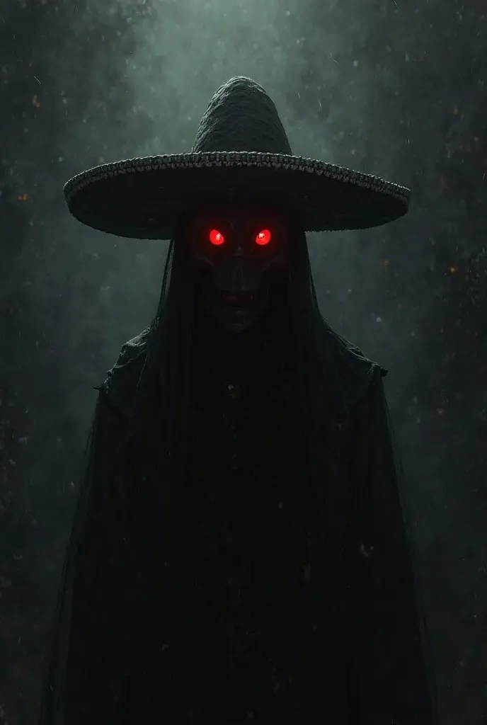 Dark shadow laughing with red eyes with a. sombrero 