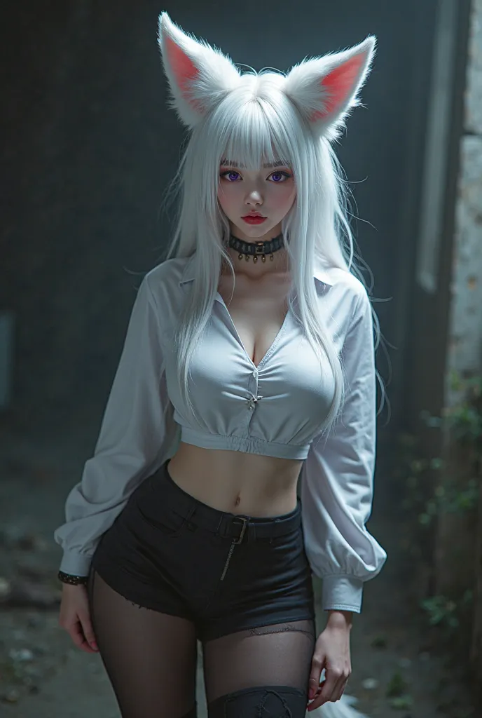 white hair, dark nylon pantyhose, purple eyes, white school blouse, shorts, thick, thicc, white fox ears, goth, crotch, adult, upskirt,