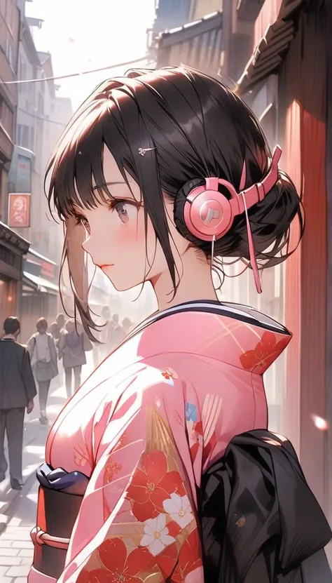  short black haired girl walking down the street wearing headphones、Side view of the street 、 side view of the girl on the right 、looking at camera、
 kimono