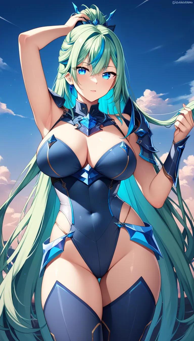 1 girl,  anime-style illustration,

expressive eyes, (blue eyes:1.1), cool eyes, 

(very long hair:1.2), (half updo:1.2), (blue green hair:1.2), (hair styled in a center-parted slicked-back look:1.2), (sky blue (streaked hair:1.3):1.6), highlights hair, 

...