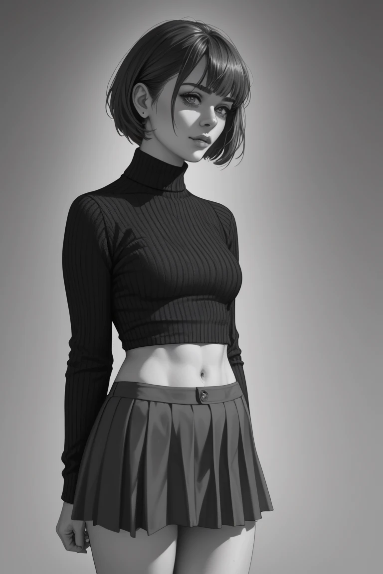 （black and white、monochrome）、comics、 Line Art、Married Woman、 one woman、Sexual、Asian、 short hair、long sleeve black knit、knee-length skirt