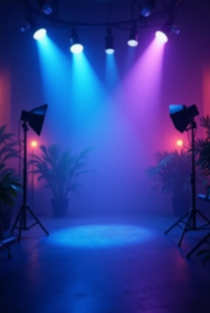 "A high-quality cinematic YouTube background with a modern and professional studio setup. The backdrop features vibrant LED lighting in deep blue and purple tones, creating a futuristic yet elegant ambiance. Soft bokeh lights in the background add depth, w...