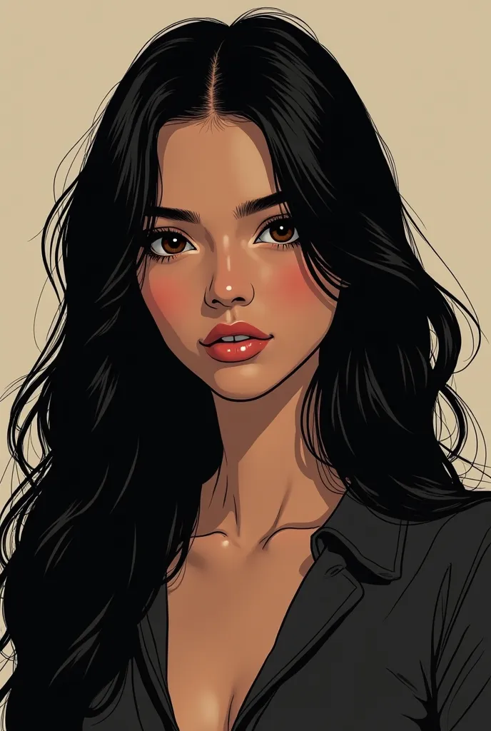 a woman with long, flowing black hair., You have a small, oval face with a neutral skin tone that complements your deep, dark brown eyes. Your features are soft yet defined, carrying a quiet mystery.in a comic art style