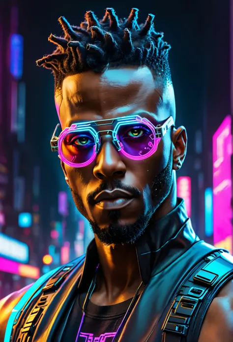 Create a striking image of a 38 year old male cyberpunk black man. Wearing cyberpunk glasses, he should have a futuristic and bold appearance. Casting vibrant and colorful reflections on his sleek body. The overall image should evoke a high-tech feel,. Be ...