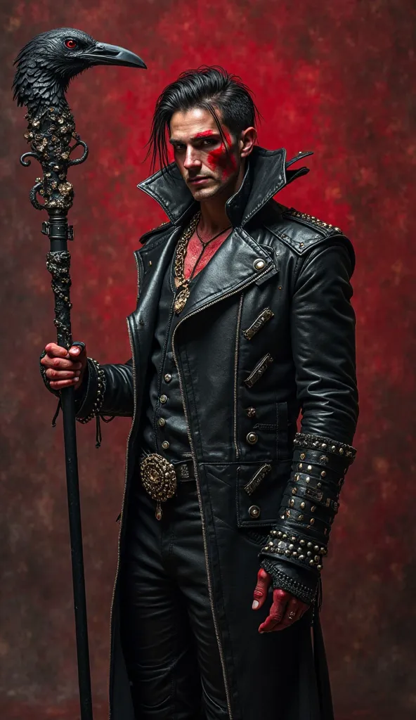 A male vampire with red skin, dressed as a rock singer, a staff with a head crow in top in his left hand his expression is one of great joy. solid color background.